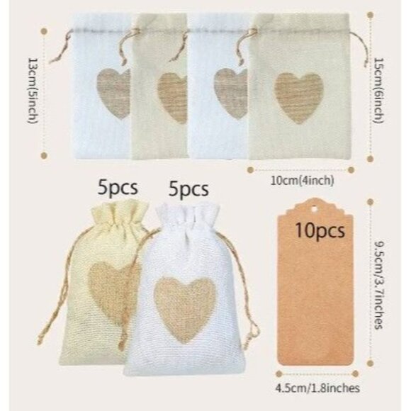 Gift Bags Burlap Ecru and White 10 Bags 10 Craft Tags - Picture 2 of 2